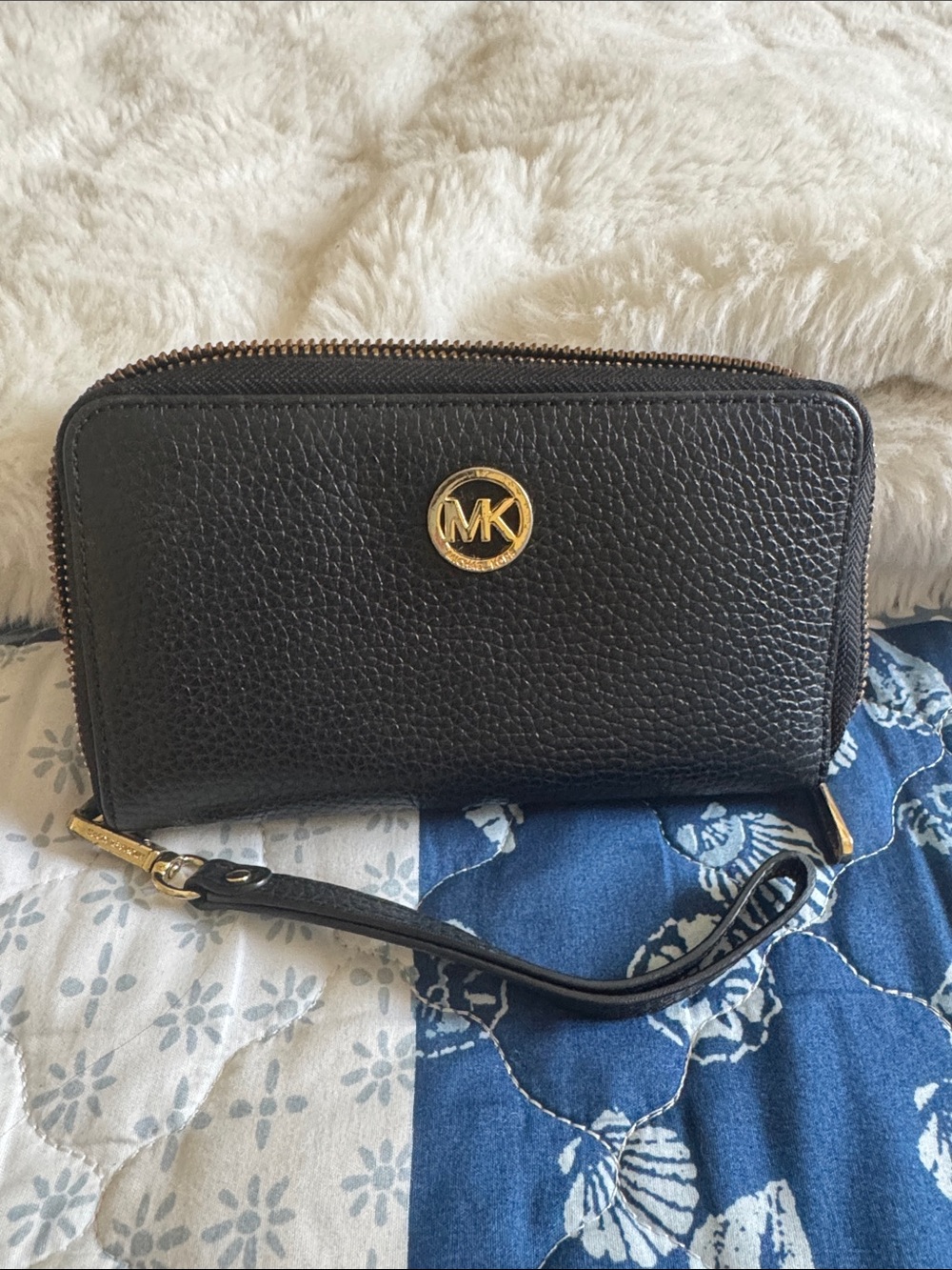 Michael Kors Black Pebbled Leather Wristlet with Gold MK Emblem